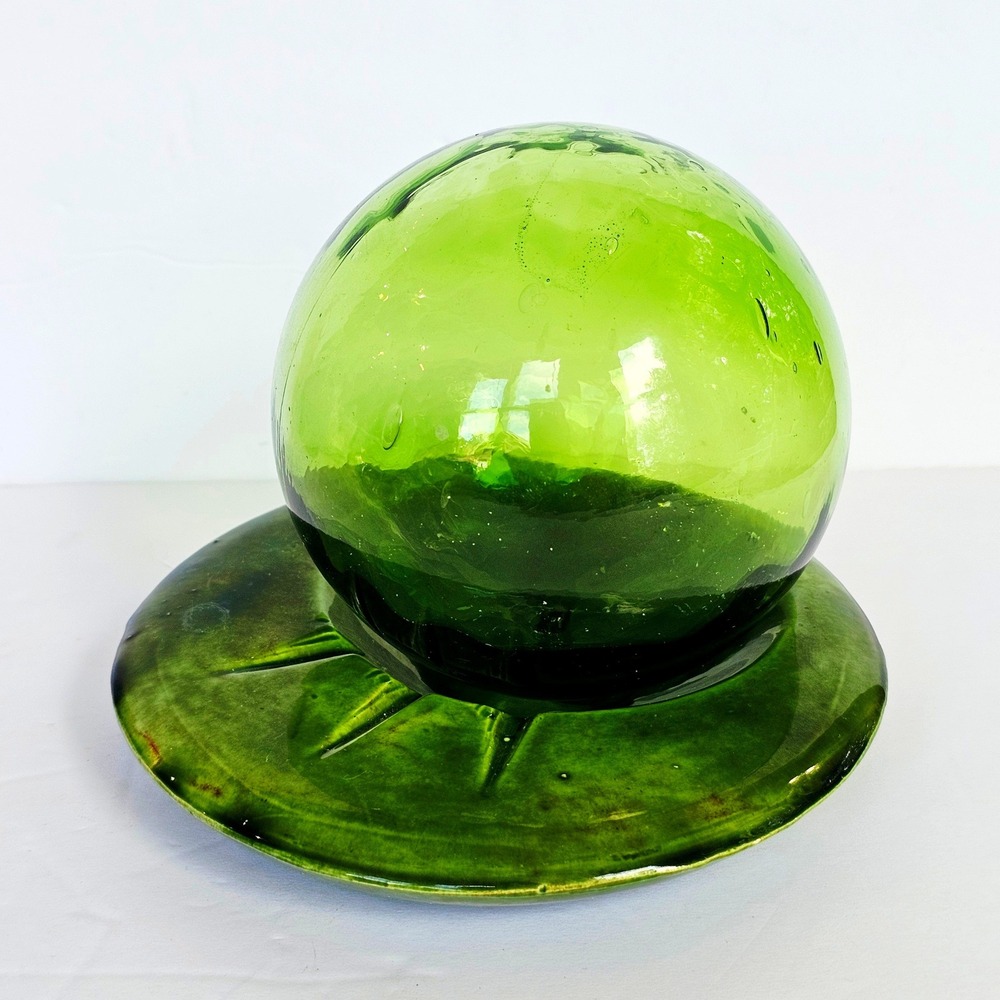 Vintage Green Glass Sphere Lily Pad Ceramic Base Nautical Float Decor MCM